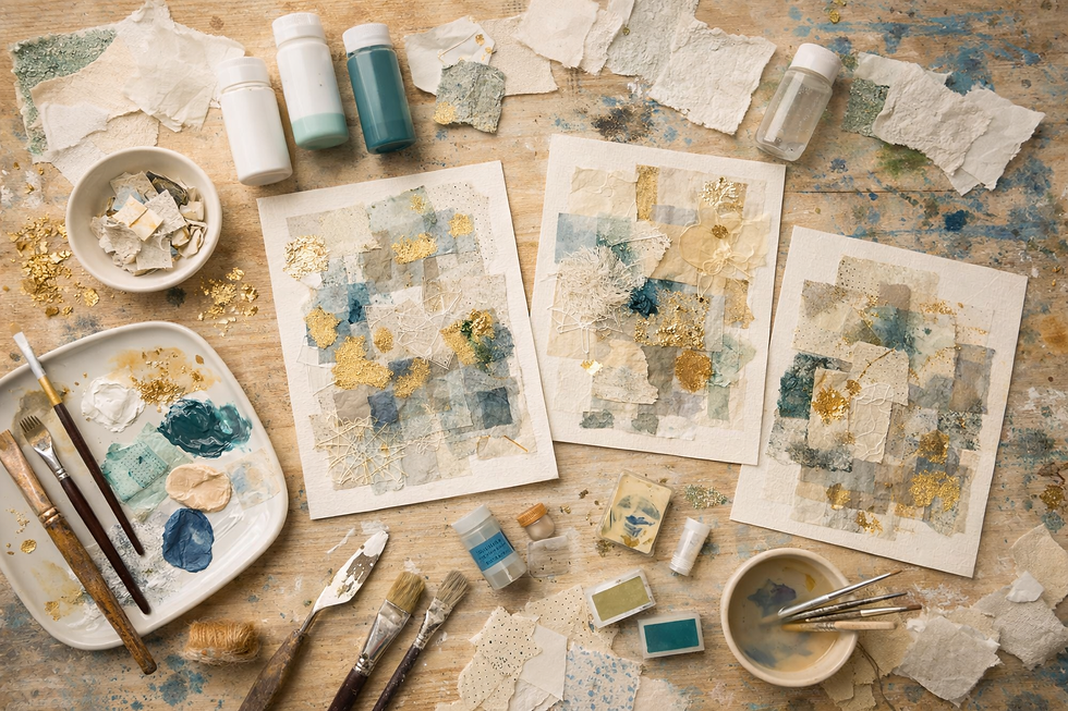 Close-up view of encaustic art tools and colorful wax blocks on a wooden table