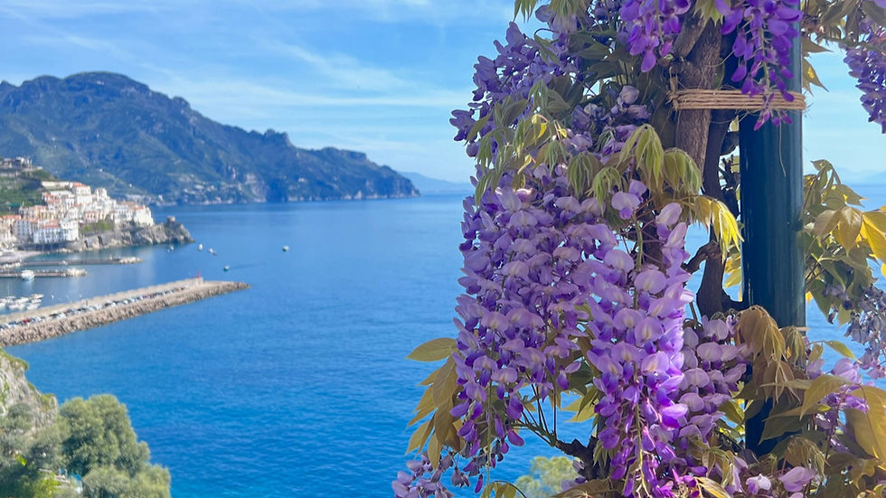Eye-level view of a cliffside wedding venue overlooking the Amalfi Coast sea
