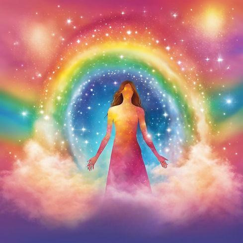 Rainbow ethereal background with suggesting auras and phrases_ _I am_ _I will_ _I release_