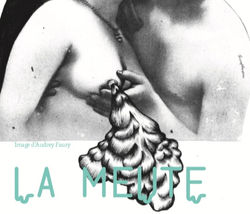 Couverture de la revue La Meute. Illustration d'un couple qui s'embrasse en noir et blanc avec logo 