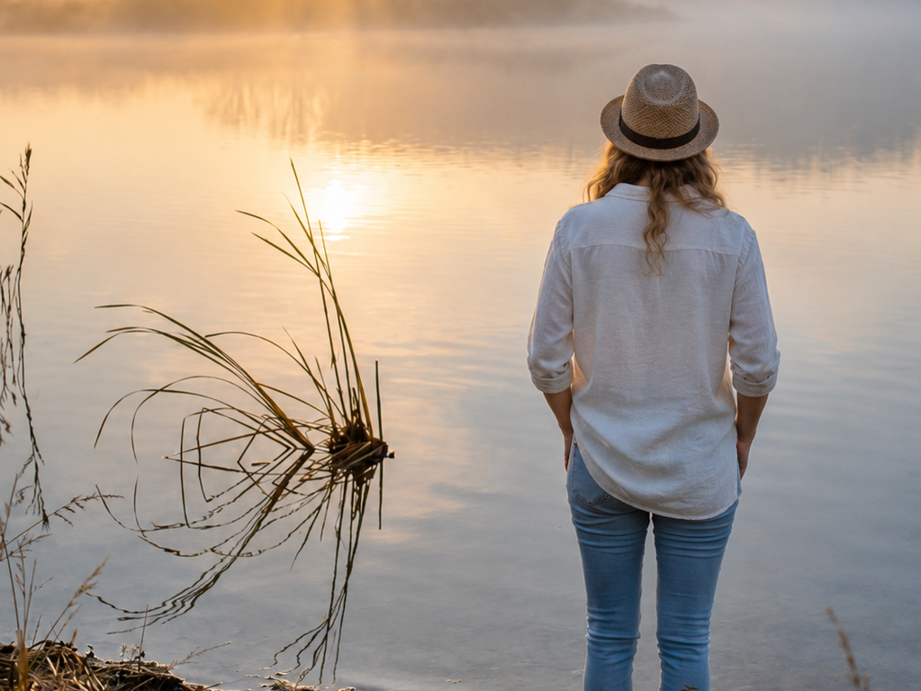 Teilnehmerin des Retreats bei Sonnenaufgang am See