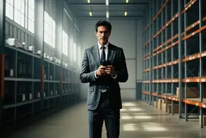 Director de logística revisando proyecciones en su celular dentro de un almacén.