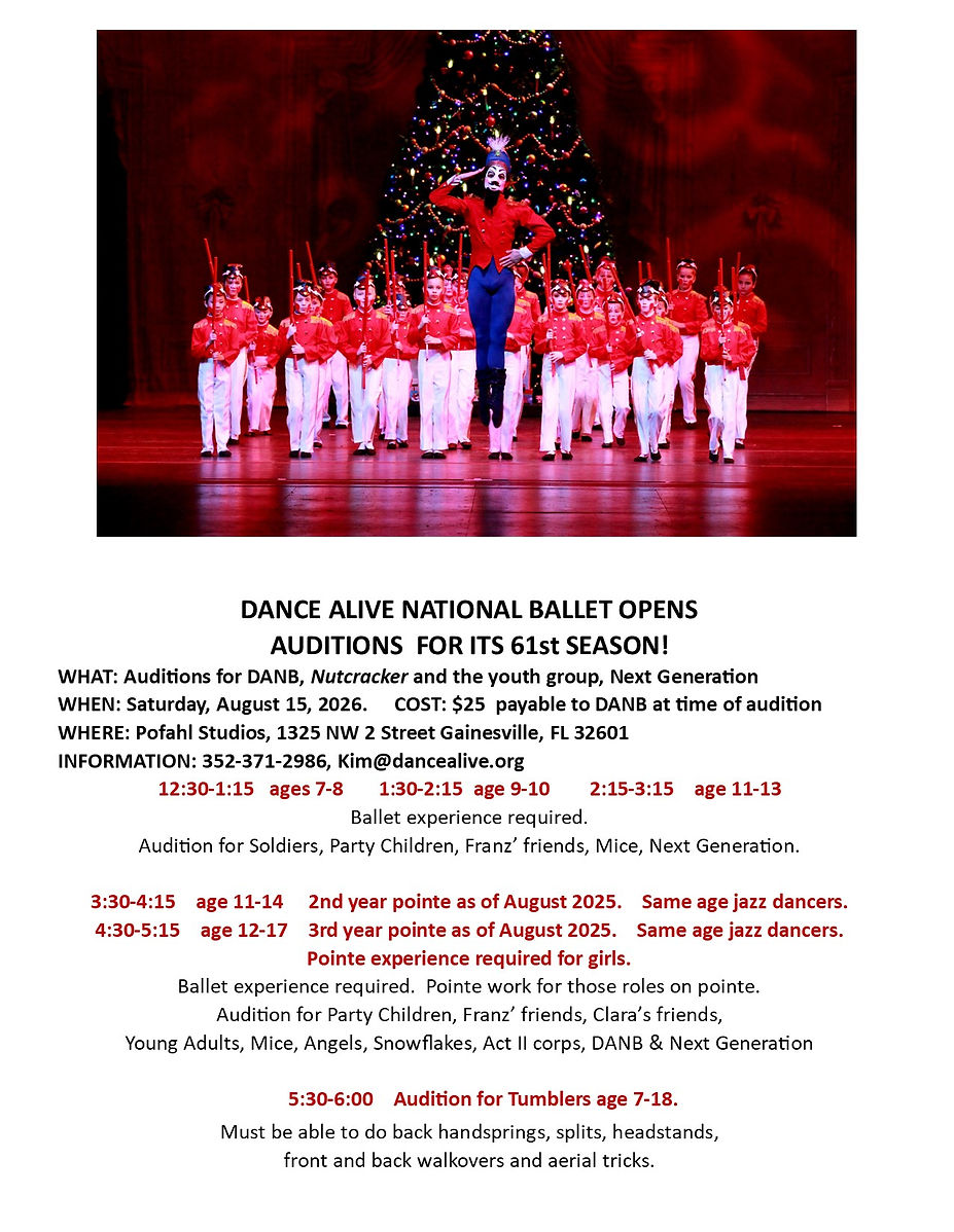 Dance Alive National Ballet Auditions for the 61st Season on Saturday, August 15, 2026 at Pofahl Studios in Gainesville, FL. Full schedule, age groups, and requirements listed.