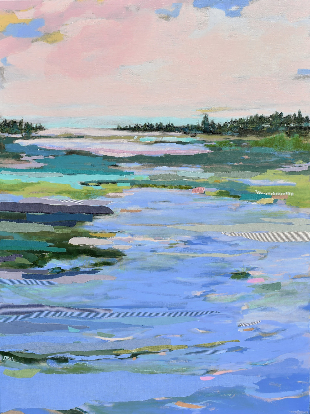 Bay Blush by Karin Olah, mixed media with hand-dyed fabric on linen, 48x36 inches