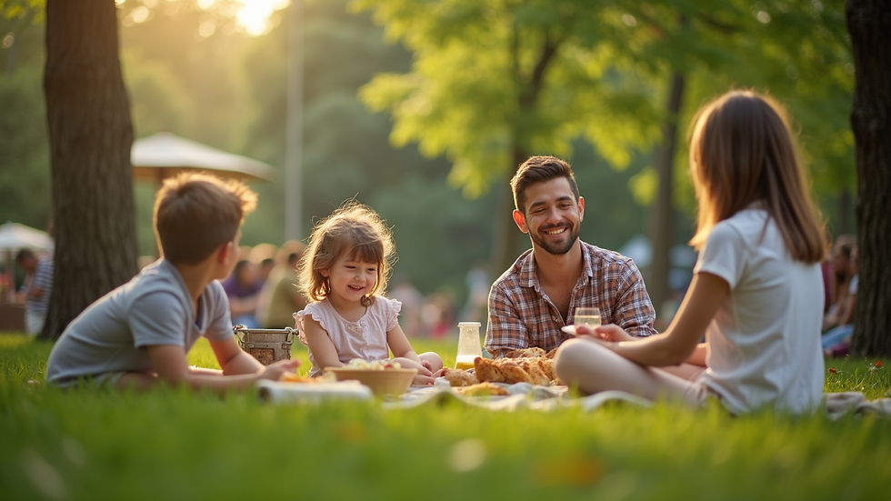 Eye-level view of a community gathering in a park with families enjoying a picnic
