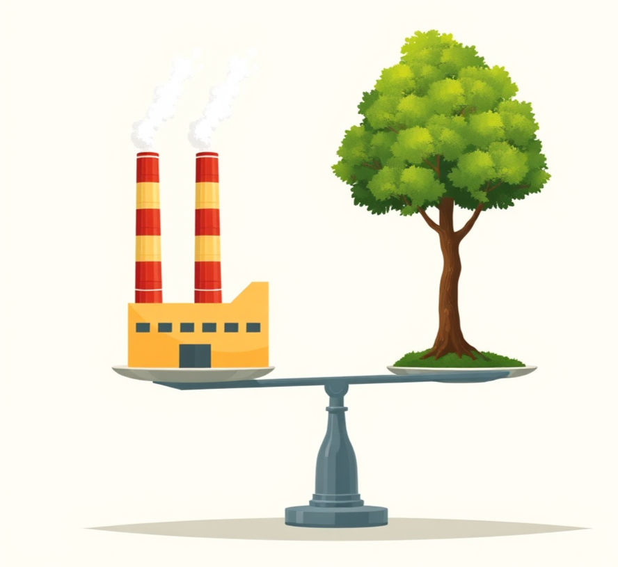 A balanced scale illustration depicts a factory with two smokestacks on one side and a green tree on the other. 