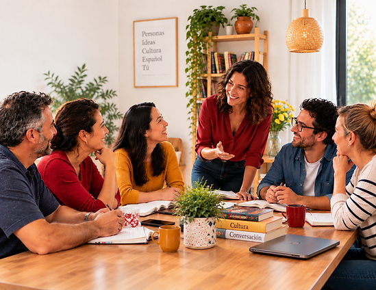 Adult students enjoying Spanish conversation in a small-group class at Arriba Spanish in Towson.