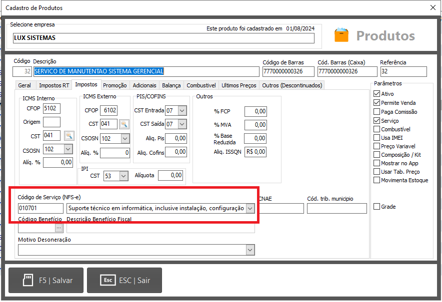 configuração impostos nfse lux auto