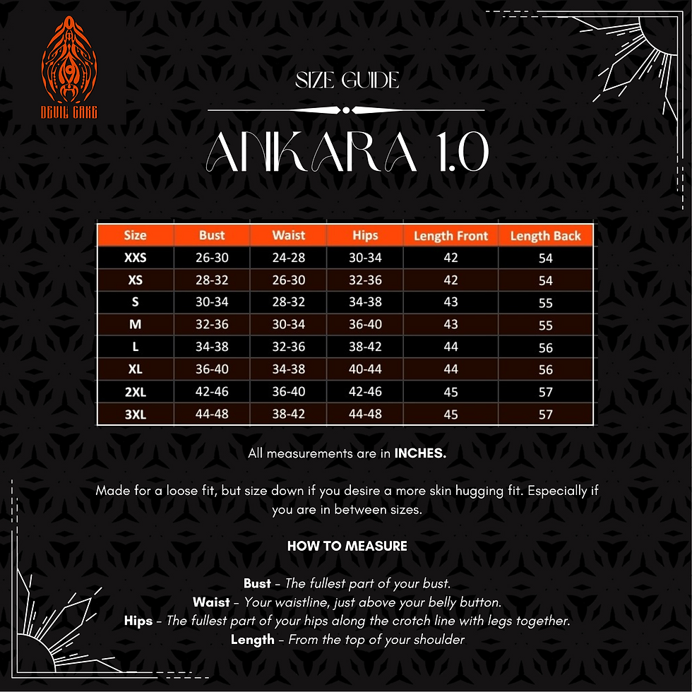 Thumbnail: Size guide for Aikara Lo. Size chart with measurements and instructions. Catana Clothing