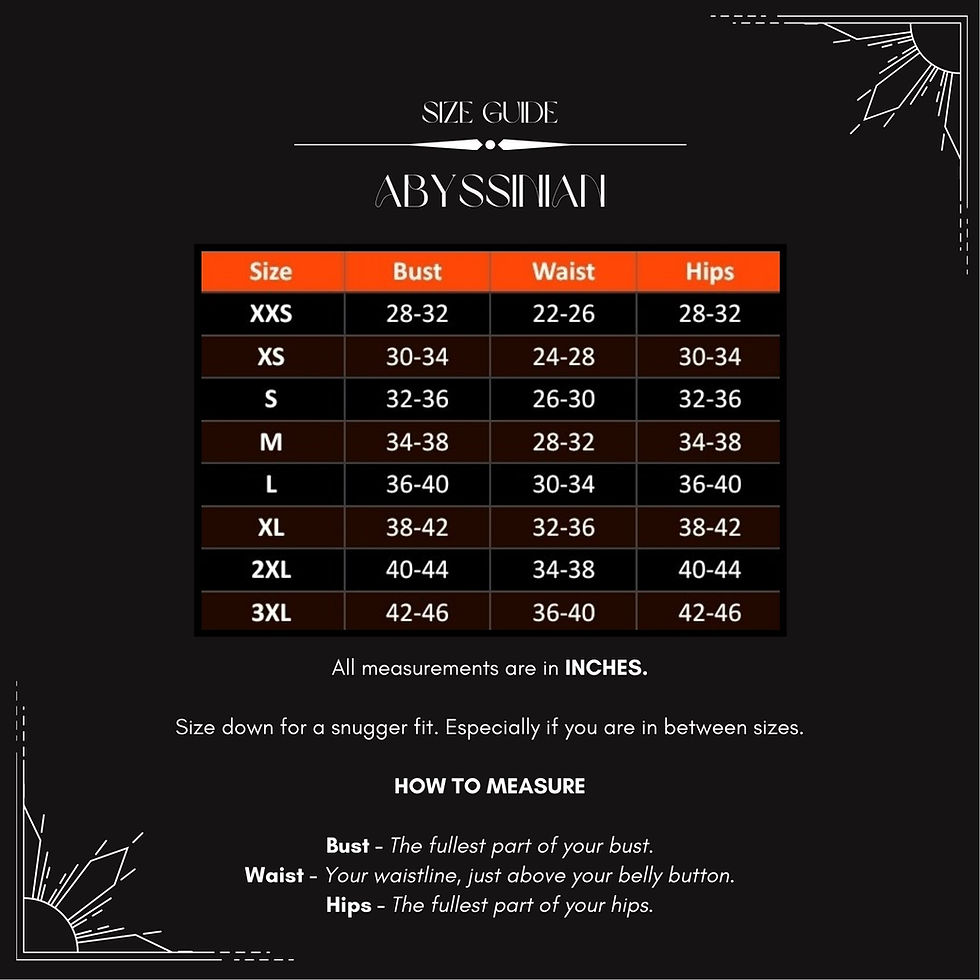 Thumbnail: Abyssiiah size guide with bust, waist, and hips measurements in inches.