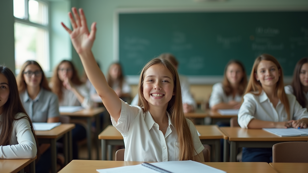 Eye-level view of a student confidently raising their hand in a classroom