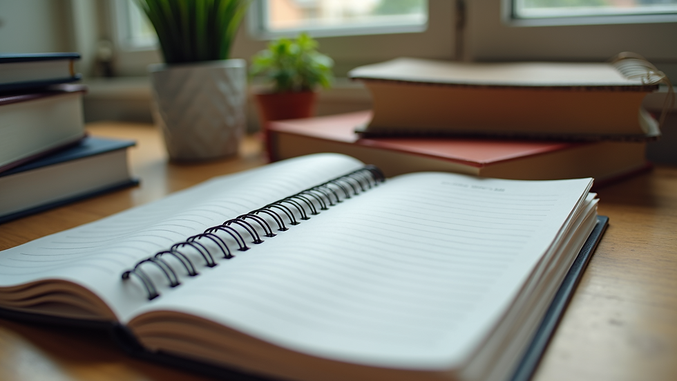 Eye-level view of a neatly organised study desk with books and a planner