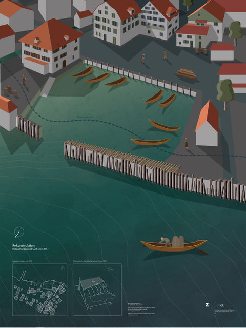Poster zum Unterwasserfund des abgesunkenen Hafen in Horgen mit Rekonstruktion des alten Hafens