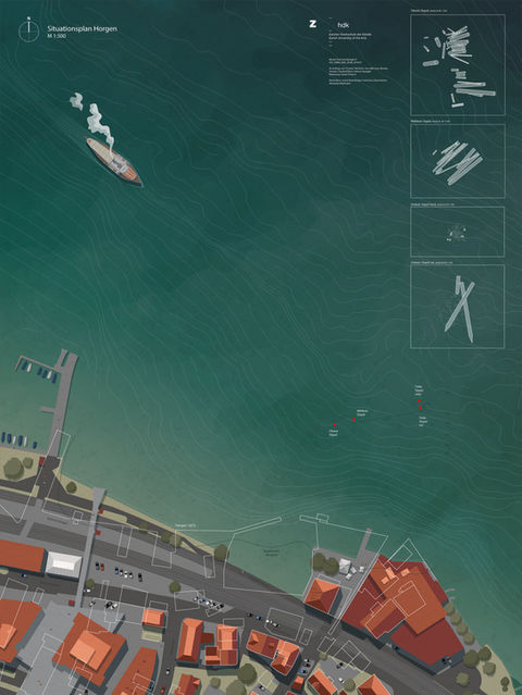 Poster zum Unterwasserfund des abgesunkenen Hafen in Horgen mit Lageplan der Fundstelle im Zürichsee