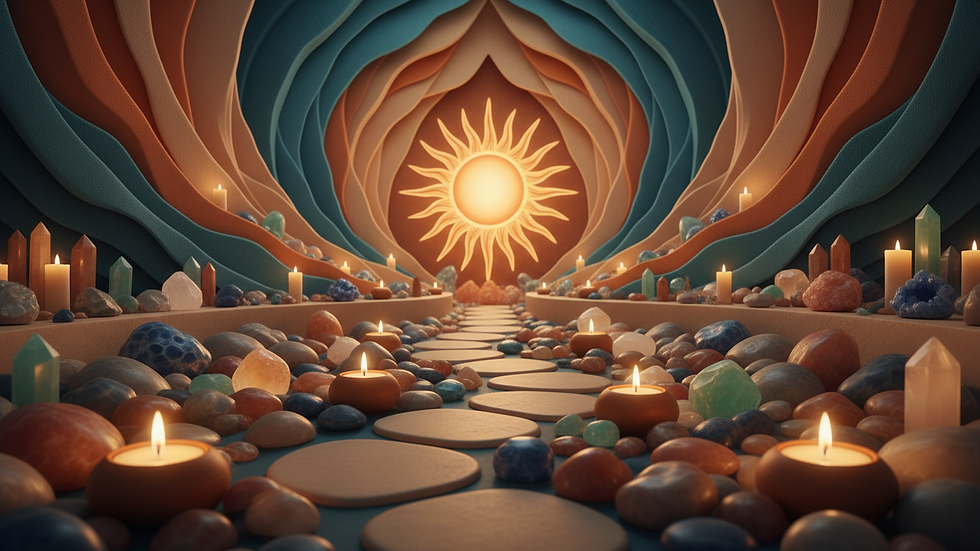 Close-up view of a peaceful meditation space with candles and crystals