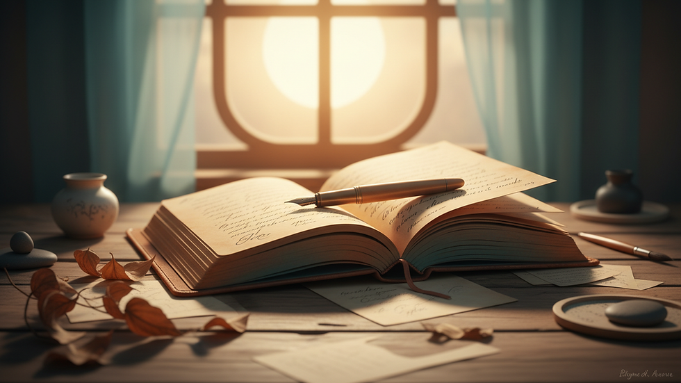 Close-up view of a journal and pen on a wooden table with soft natural light