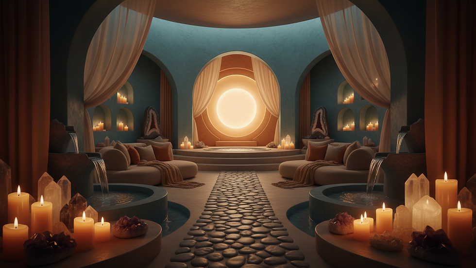 Eye-level view of a serene meditation space with candles and crystals