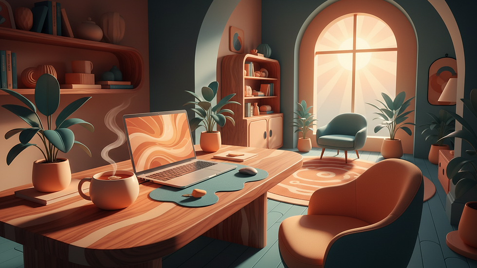 Eye-level view of a cozy home office with a laptop and a cup of tea
