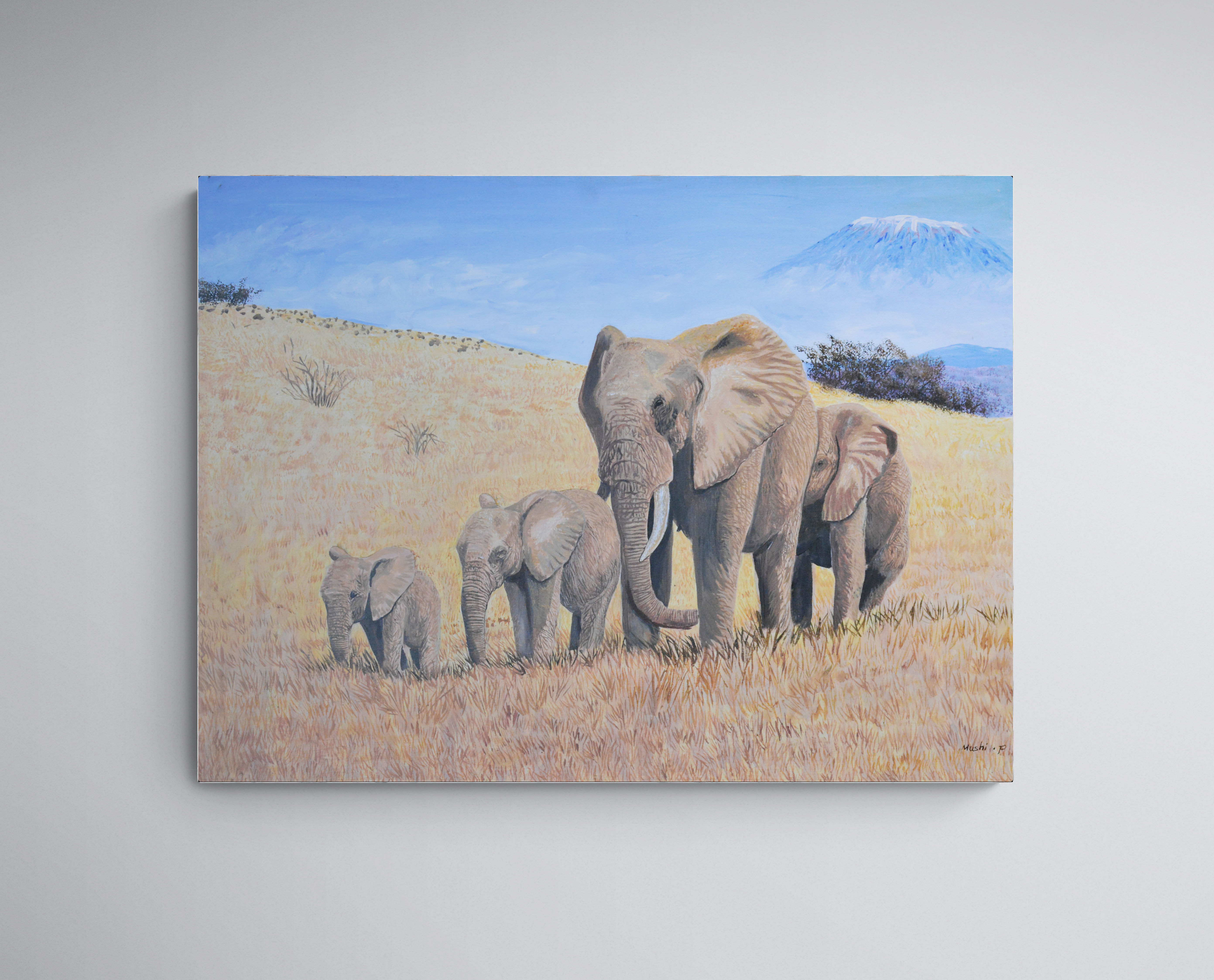 Elephant Family Painting – African Wildlife Art, Oil on Canvas