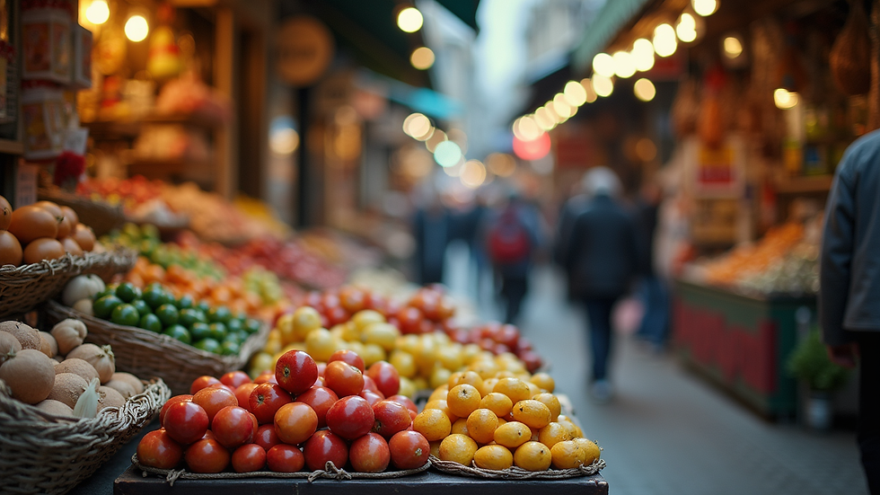 Eye-level view of a vibrant marketplace with various products on display