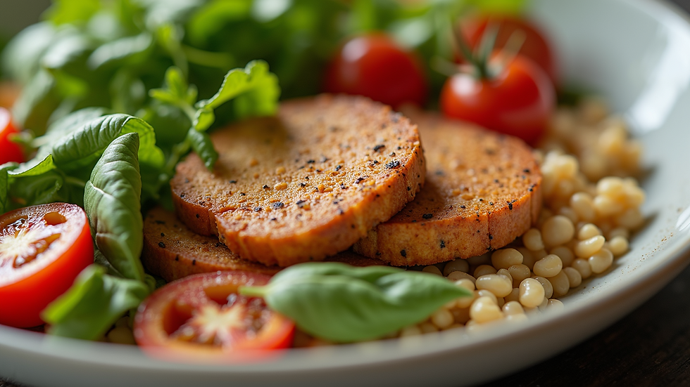 Close-up view of a balanced meal with vegetables, grains, and protein