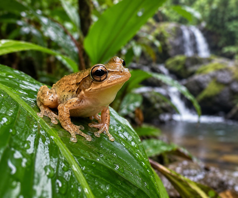 Brown frog perched on a wet green leaf in a lush rainforest, with a blurred waterfall and stream in the background.