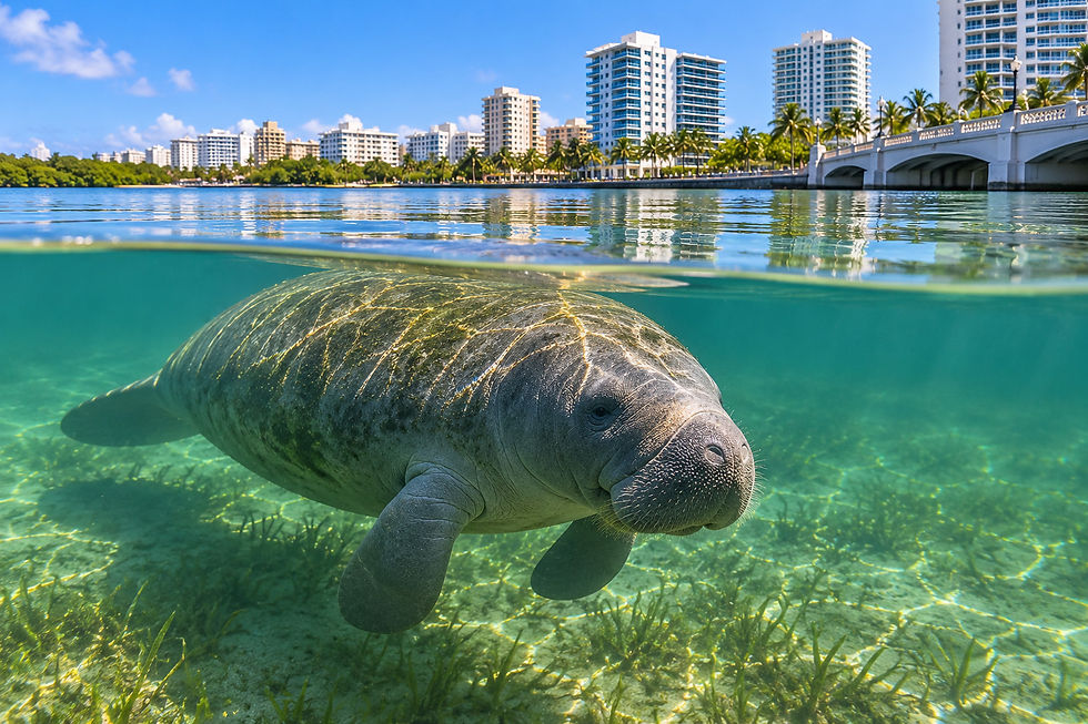 Manatee glides in clear turquoise water below a sunny city skyline and bridge, with palm trees and rippled reflections.