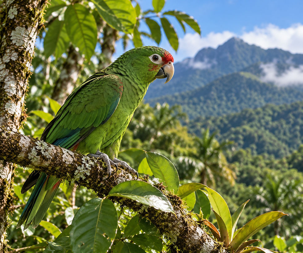 Green parrot perched on a mossy branch in a lush tropical forest, with misty mountains and blue sky behind.