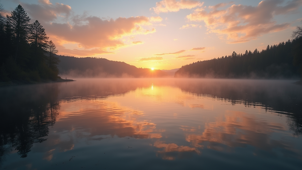 Wide angle view of a tranquil lake at sunset