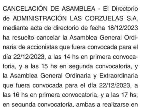 Cancelación Asamblea
