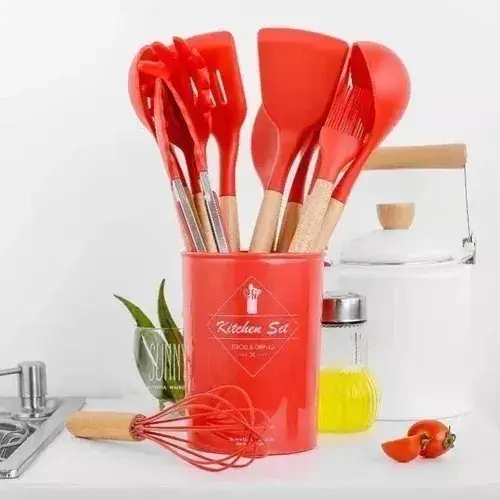 Set Utensilios De Cocina Madera Y Silicon Elegante Rojo