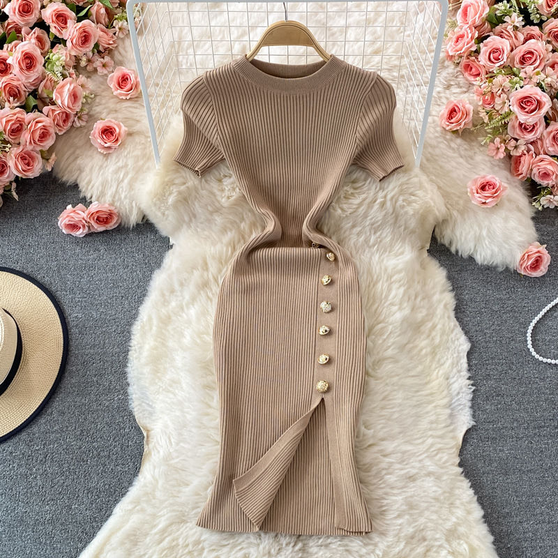 Thumbnail: Women’s Korean K-Pop Knit Short Sleeve Sweater Dress Casual Midi Fit