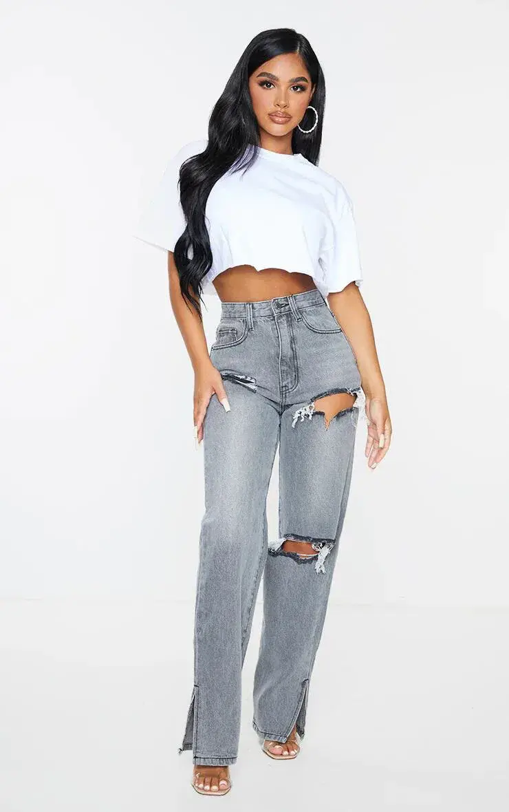 Thumbnail: Women’s High Waist Distressed Straight Jeans – Streetwear Denim Pants