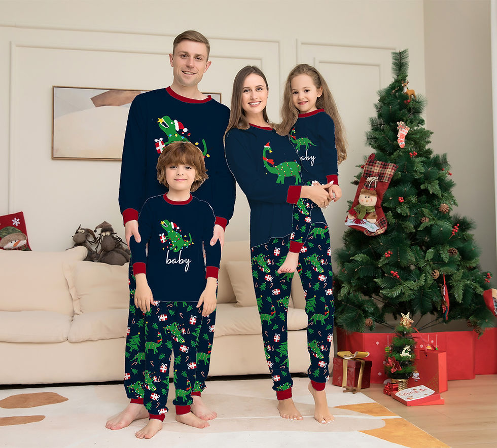 Mom, dad and children in dinosaur print matching Christmas outfits, cozy holiday setting
