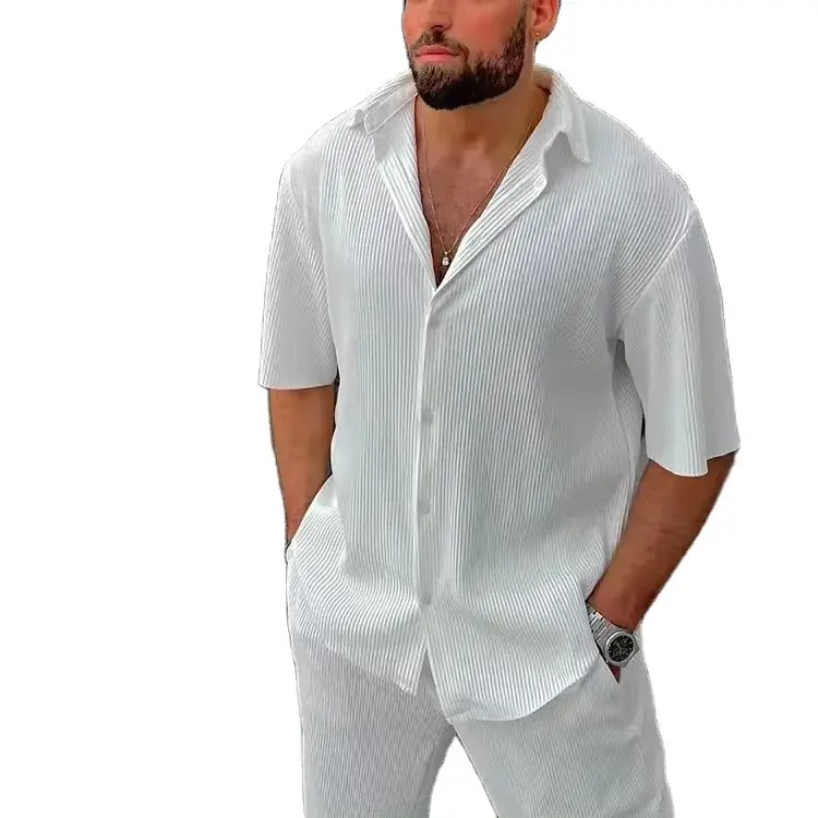 Beach Wear Solid Striped Short Sleeve  Men's Shirt Two Piece Set