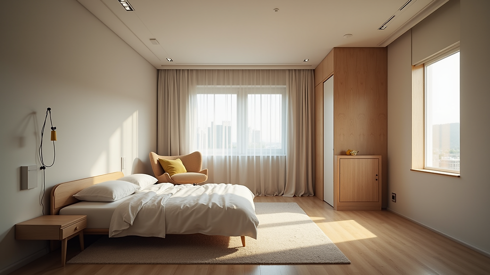 Plano cenital de habitación de alojamiento temporario con cama y escritorio