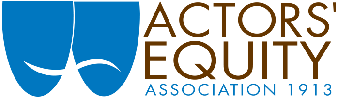 Logo for the Actors' Equity Association consisting of Blue Theatre Masks and the union's name in brown.