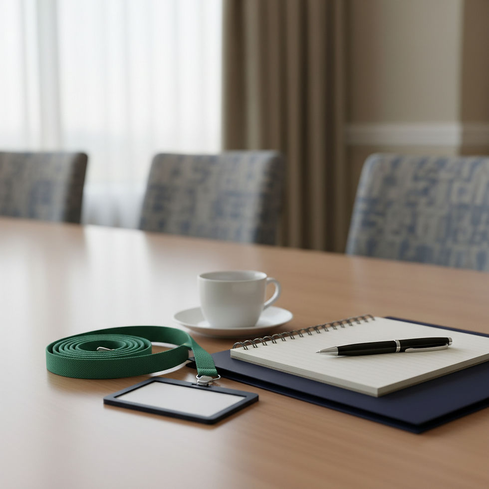 A conference table with a lanyard and name badge, an open notebook and a cup of coffee.