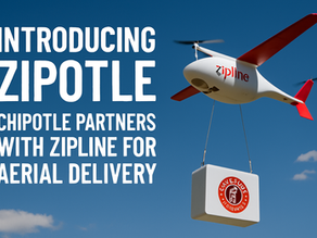An electric delivery drone hovers over a suburban backyard, lowering a Chipotle meal in a secure delivery pod as part of the new Zipotle service.