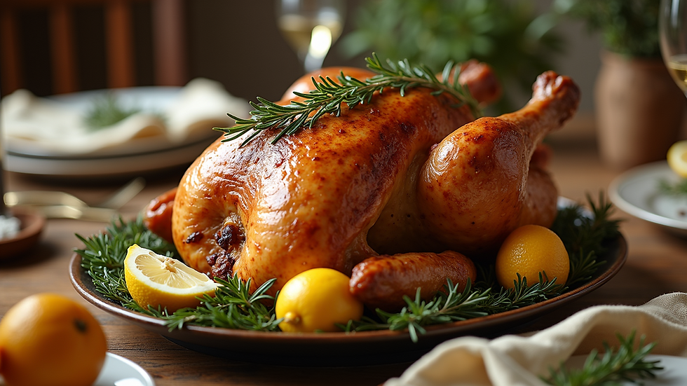 Close-up view of a beautifully roasted turkey garnished with lemon and rosemary