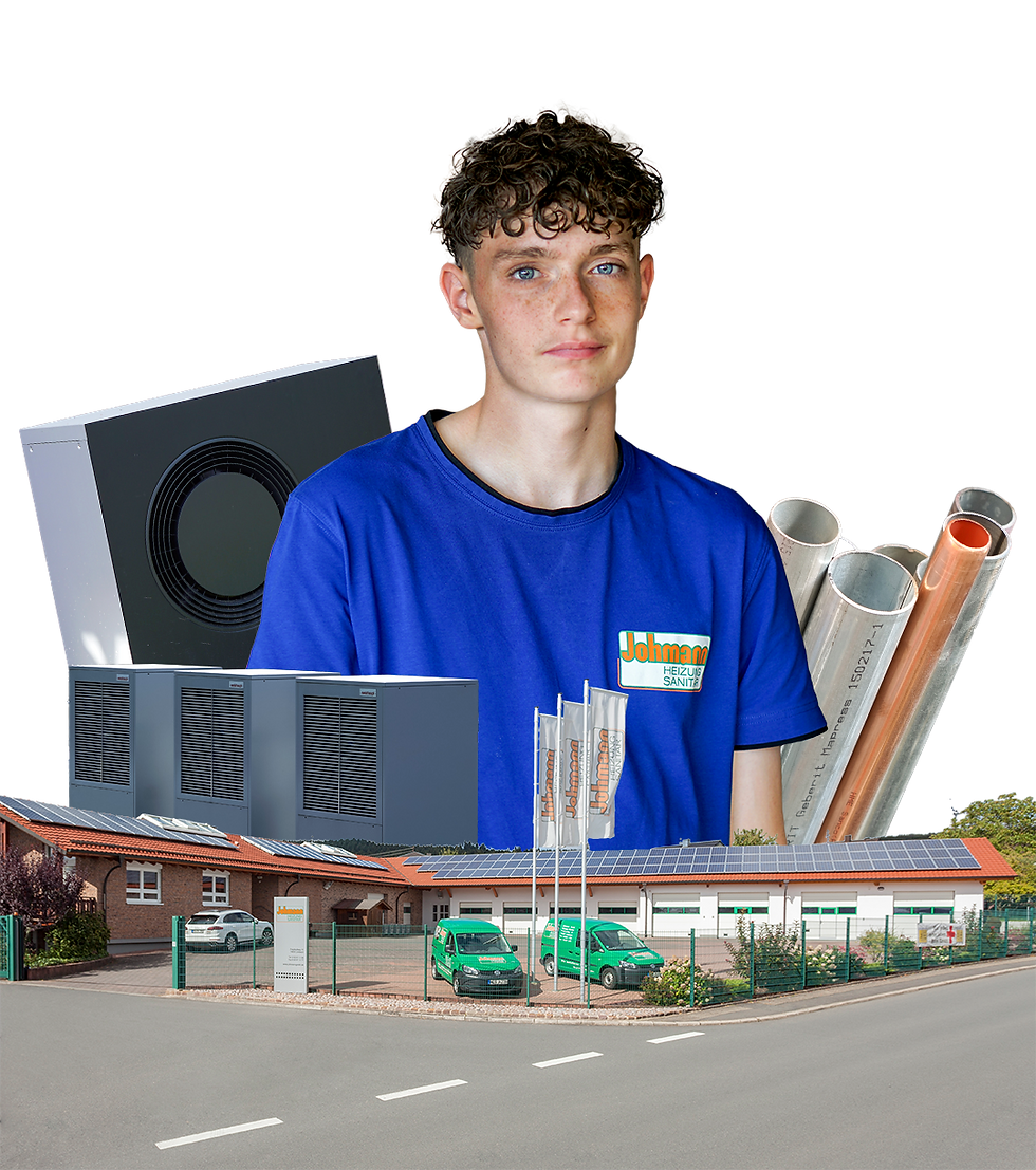 Mitarbeiter mit Produkten und Gebäude der Johmann GmbH