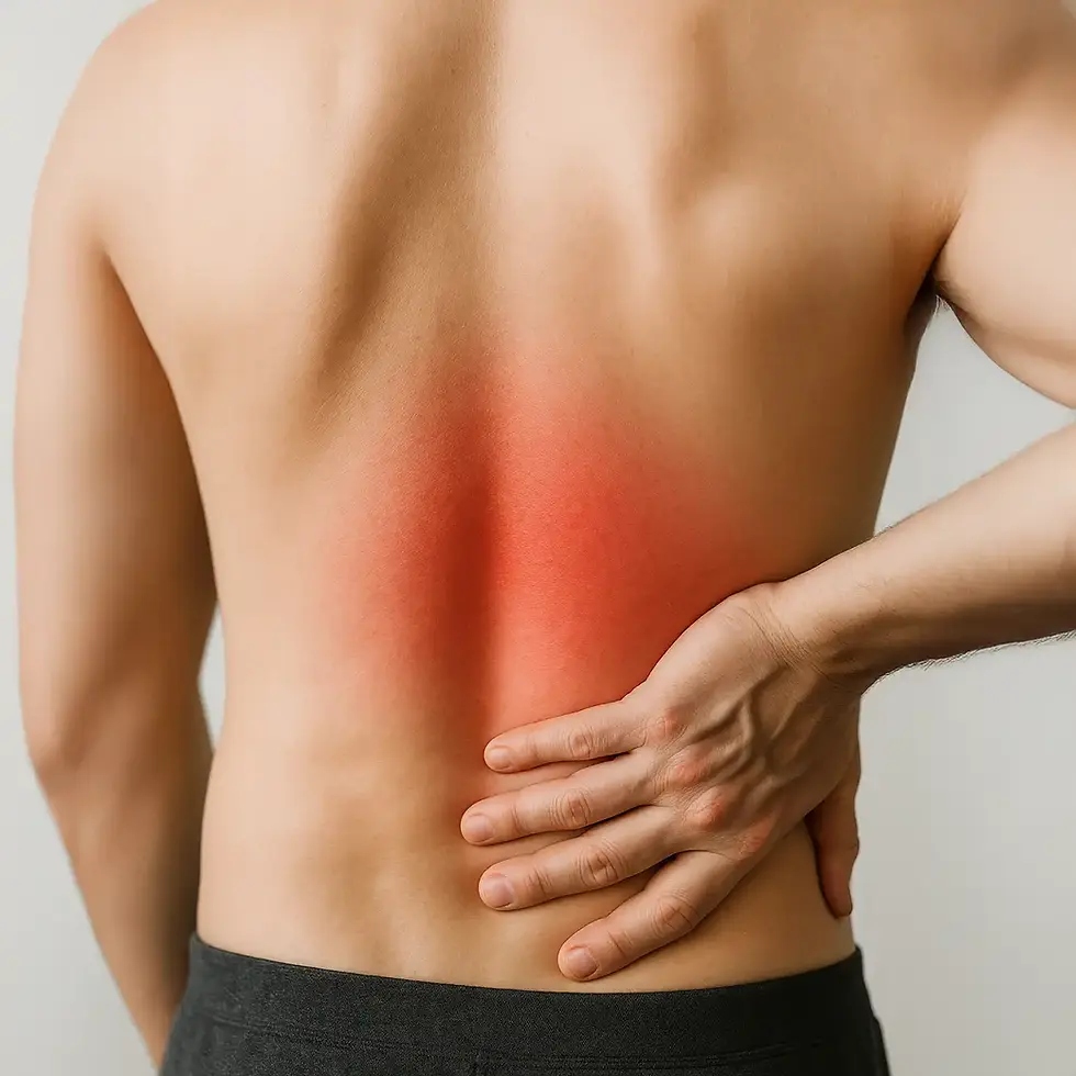 Close-up of lower back pain with red inflammation highlight for physiotherapy assessment.