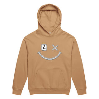 Tan hoodie with a smiley face and the n3xt level smile design