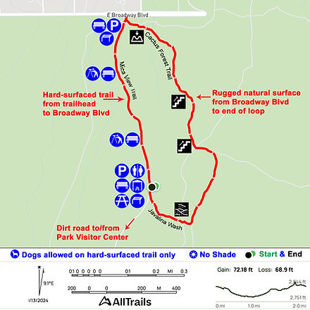 Trail map with labeled icon pins.