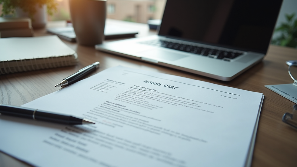 Eye-level view of a neatly organized desk with a laptop and resume draft