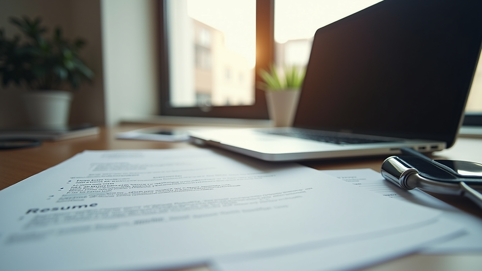 Eye-level view of a neatly organized desk with a laptop and resume draft