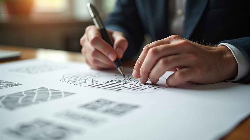 Eye-level view of a designer sketching logo concepts on paper