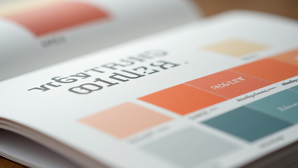 Close-up view of a brand guideline booklet with color swatches and typography