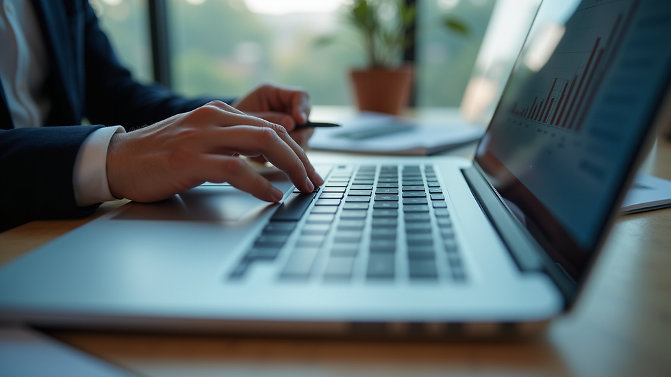 Close-up view of a business consultant analyzing brand data on a laptop