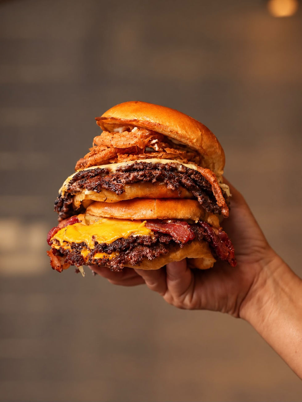 Stacked smash burger with bacon and crispy onions at Hausmash